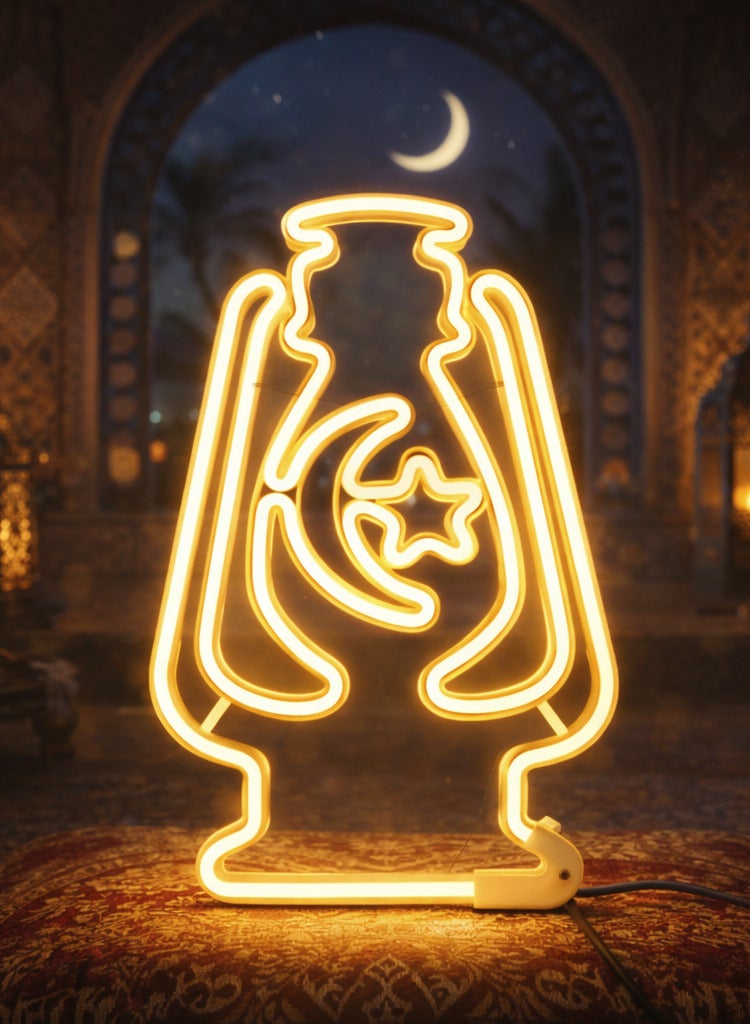 فانوس نيون هلالي الشكل، زينة رمضانية، فانوس LED، فانوس معلق على الحائط أو الشجرة، بإضاءة نيون بلاستيكية مرنة، توهج أصفر دافئ ناعم، مناسب للمنزل والمكتب وعيد الفطر ورمضان، طوله 40 سم.